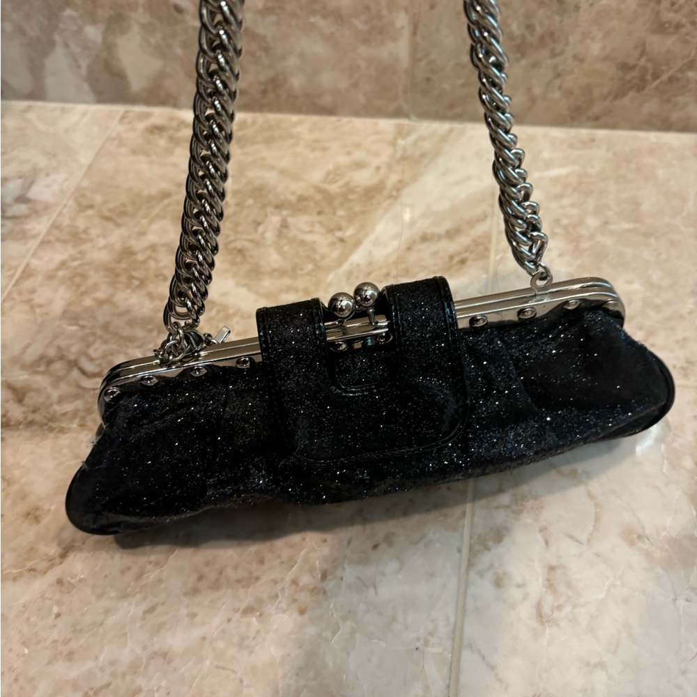 bebe Black Glitter Clutch with Silver Chain